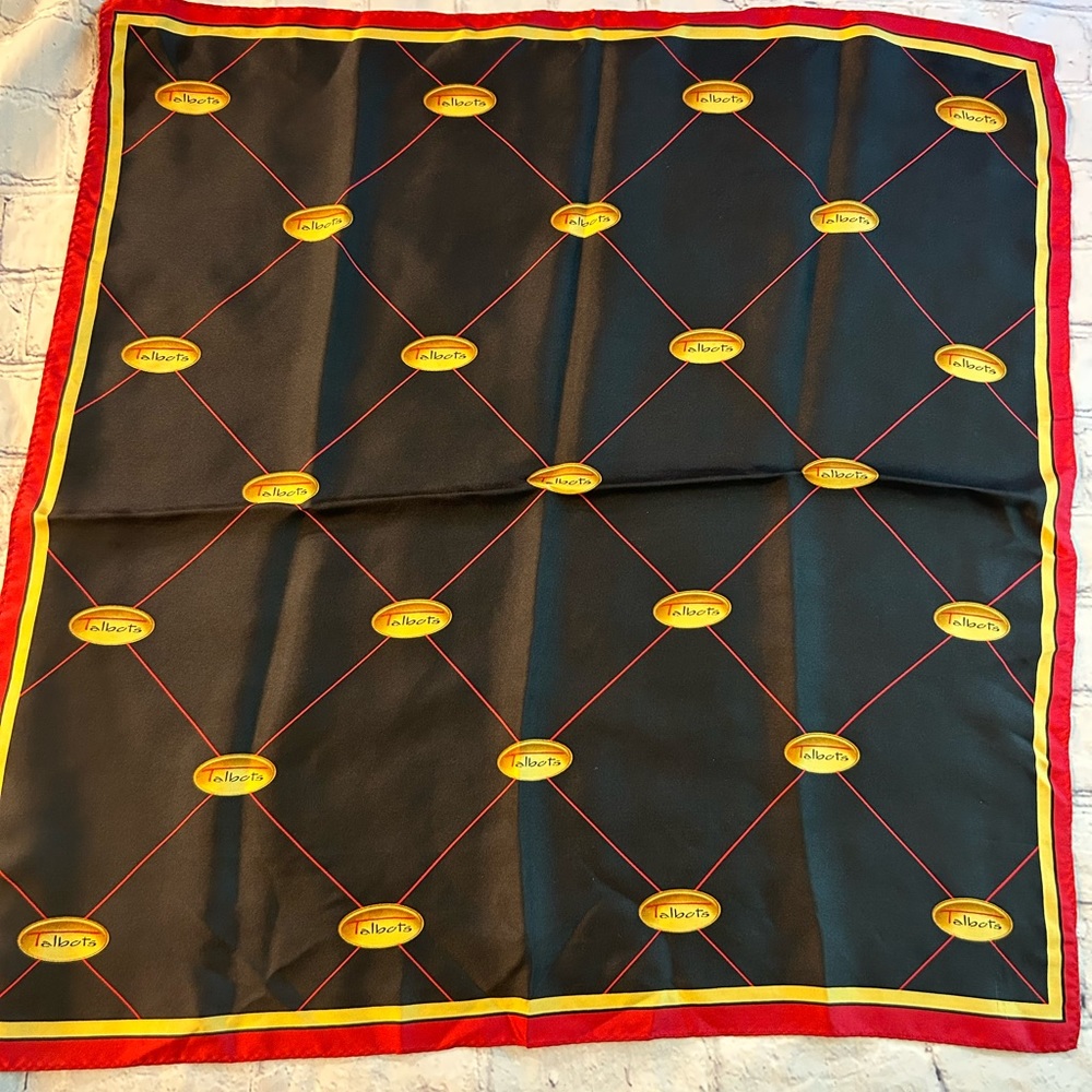 TALBOTS 100% SILK BLACK/RED/GOLD LOGO SMALL SQUARE WOMENS SCARF